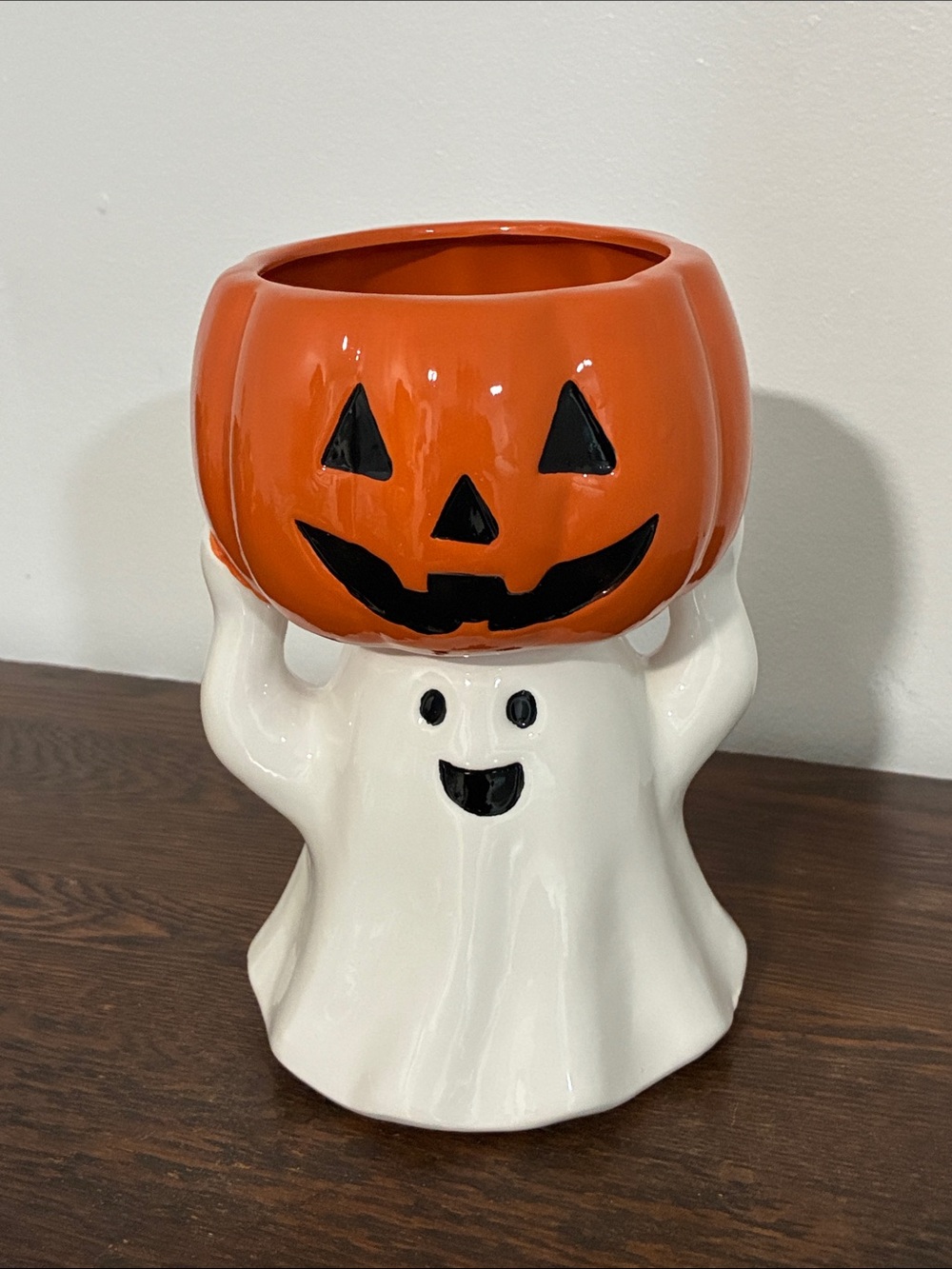 NWT- Hand Painted Ceramic Halloween Ghost & Jack-o-lantern Pumpkin Candy Bowl